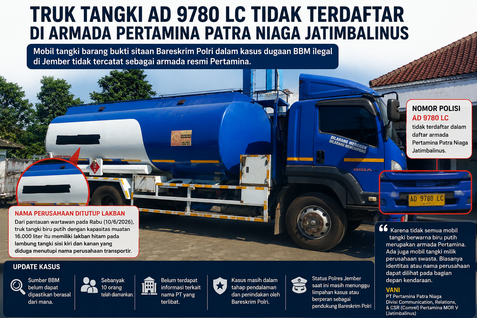 Disita dalam Kasus Dugaan BBM Ilegal di Jember, Truk Tangki Tak Terdaftar di Armada Pertamina Jatimbalinus