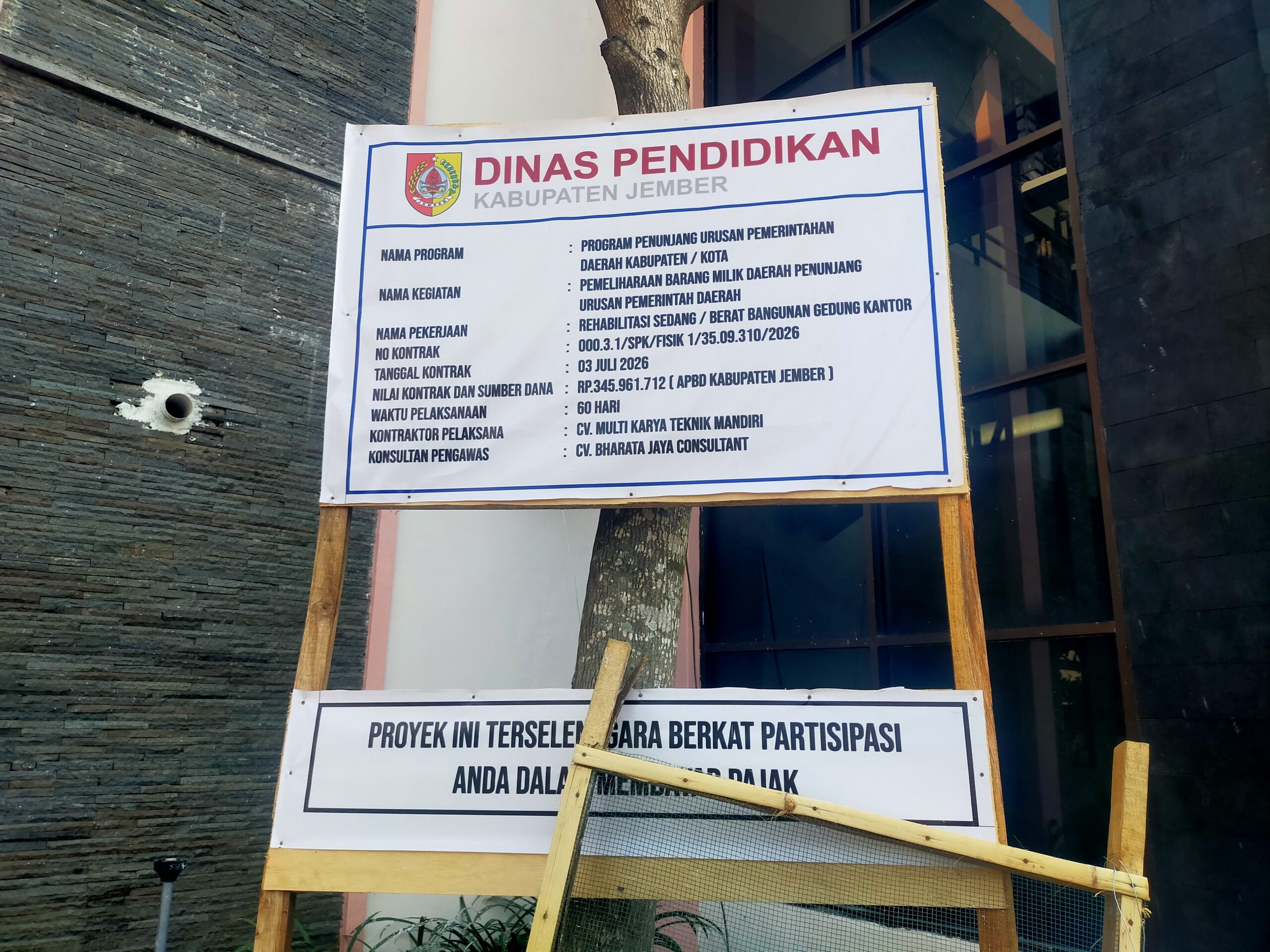 Dinas Pendidikan Jember Rehab Gedung Kantor Rp345,9 Juta, Proyek Ditarget Rampung dalam 60 Hari