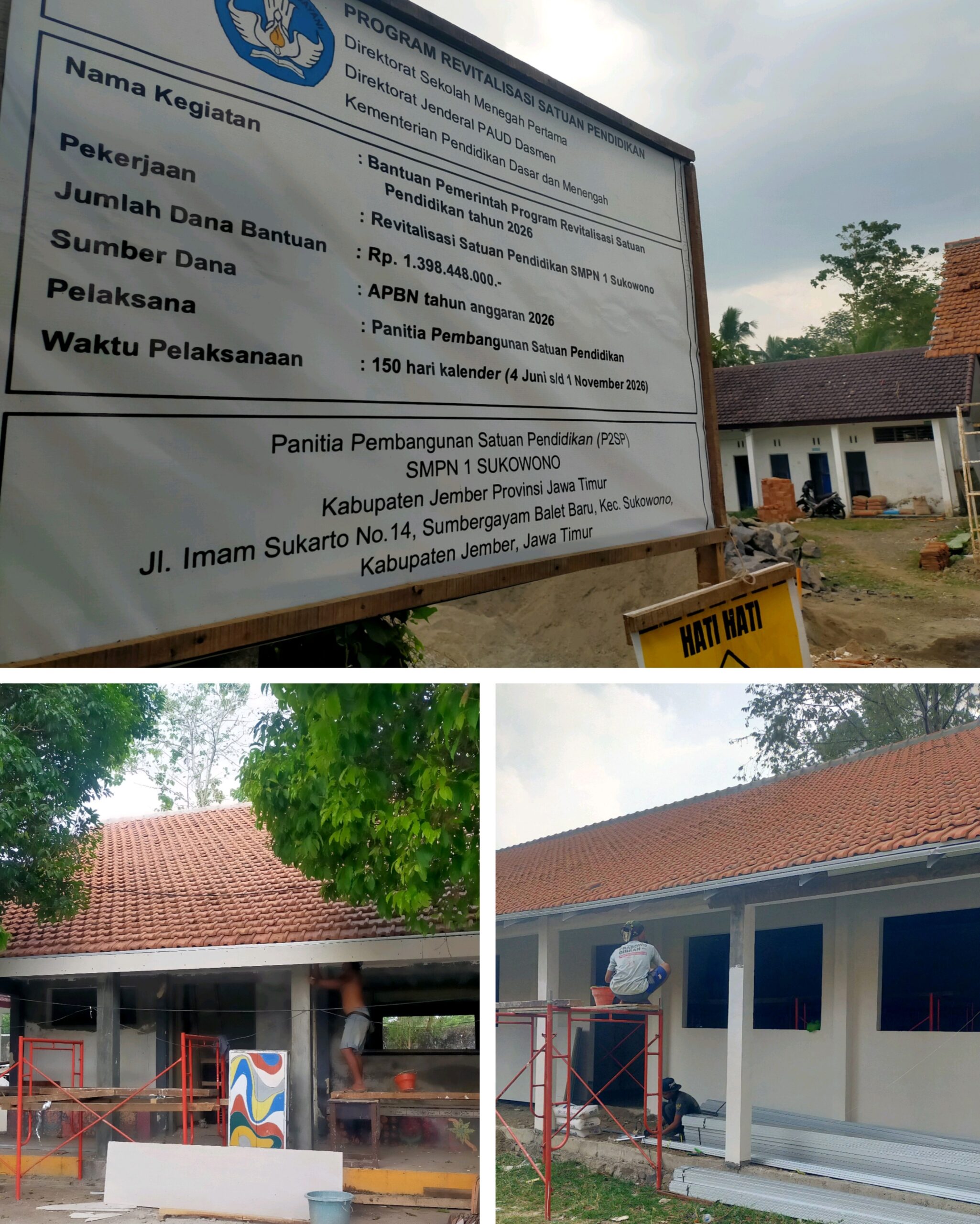 Revitalisasi SMPN 1 Sukowono Rp1,39 Diduga Lemah Pengawasan, Genteng Lama Dipakai, APD Pekerja Dipertanyakan